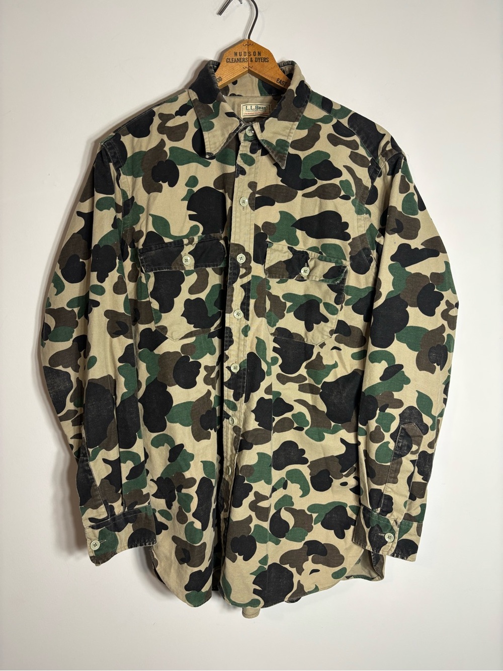 Vtg LL Bean Duck Camo Hunting Chamois Cloth Shirt Size 16 1/2 L USA